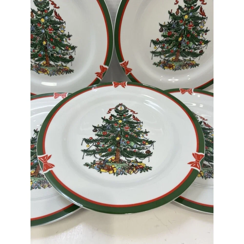 Ribbons And Tree Topco Set Of 5 Porcelain Dinner Plates Christmas Tree MS DWS